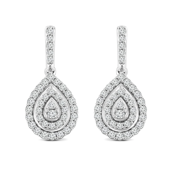 1.02 CT. T.W. Pear-Shaped Multi-Diamond Double Frame Scallop Edge Drop Earrings in 14K Gold