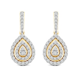 1.02 CT. T.W. Pear-Shaped Multi-Diamond Double Frame Scallop Edge Drop Earrings in 14K Gold