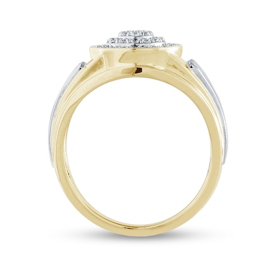 Men's 0.50 CT. T.W. Multi-Diamond Double Frame Raised Textured Shank Ring in 10K Two-Tone Gold