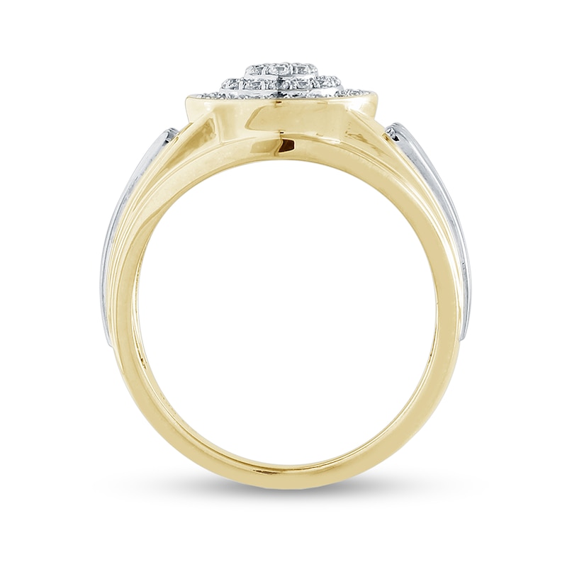 Men's 0.50 CT. T.W. Multi-Diamond Double Frame Raised Textured Shank Ring in 10K Two-Tone Gold