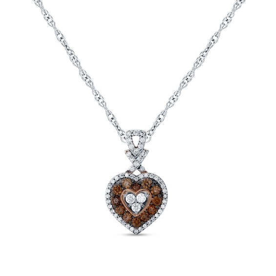 0.65 CT. T.W. Champagne and White Multi-Diamond Double Frame Heart Pendant in 10K White Gold