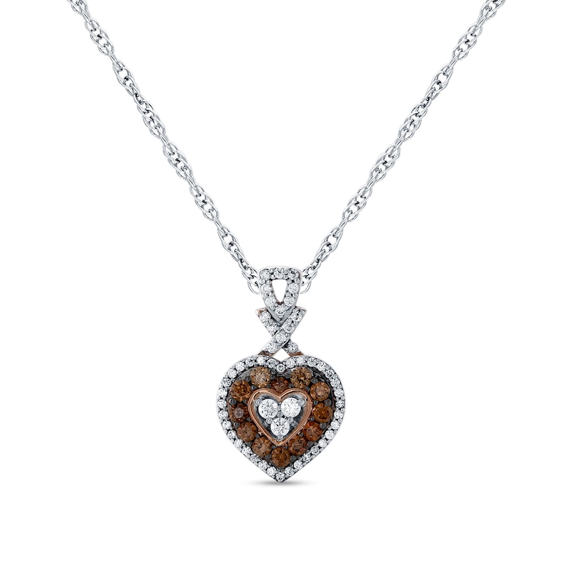 0.65 CT. T.W. Champagne and White Multi-Diamond Double Frame Heart Pendant in 10K White Gold|Peoples Jewellers