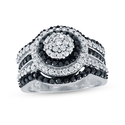 1.00 CT. T.W. Black and White Multi-Diamond Double Frame Multi-Row Ring in 10K White Gold