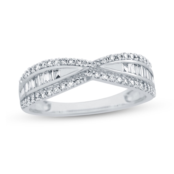 0.50 CT. T.W. Baguette and Round Diamond Triple Row Twist Ring in 14K White Gold