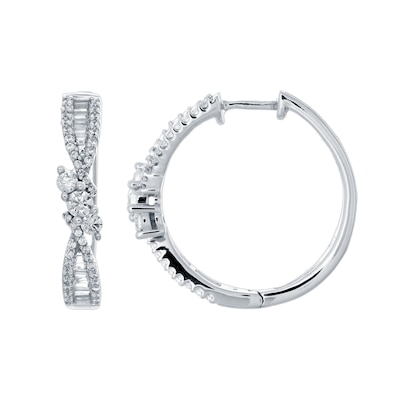 1.00 CT. T.W. Baguette and Round Diamond Trio Twist Hoop Earrings in 10K White Gold