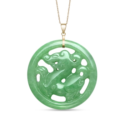 38.0mm Carved Dyed Jade Dragon Circle Pendant in 14K Gold