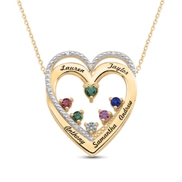 Mother's Gemstone and Diamond Accent Beaded Engravable Double Heart Pendant (3-6 Stones and 2-5 Lines)