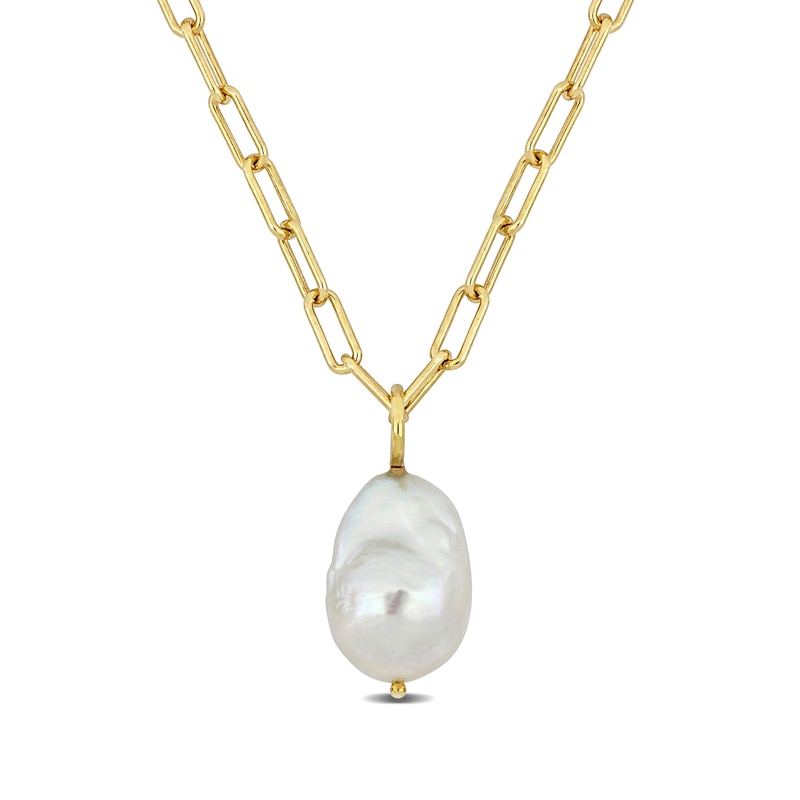 13.0-13.5mm Baroque Freshwater Cultured Pearl Paper Clip Necklace in Sterling Silver with 18K Gold Plate|Peoples Jewellers