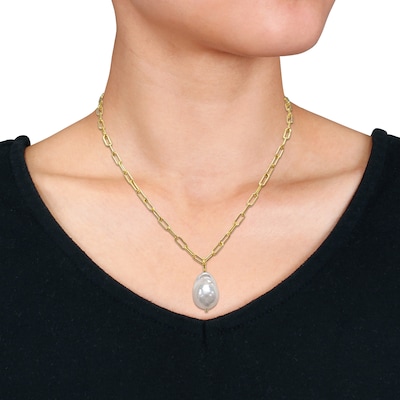 13.0-13.5mm Baroque Freshwater Cultured Pearl Paper Clip Necklace in Sterling Silver with 18K Gold Plate