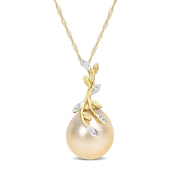 12.0-12.5mm Baroque Golden South Sea Cultured Pearl and Diamond Accent Vine Pendant in 14K Gold-17&quot;