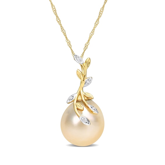 12.0-12.5mm Baroque Golden South Sea Cultured Pearl and Diamond Accent Vine Pendant in 14K Gold-17"