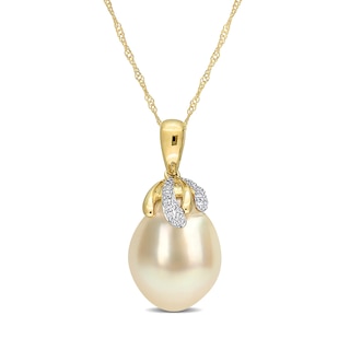 9.0-10.0mm Oval Golden South Sea Cultured Pearl and 0.07 CT. T.W. Diamond Cap Pendant in 14K Gold-17"