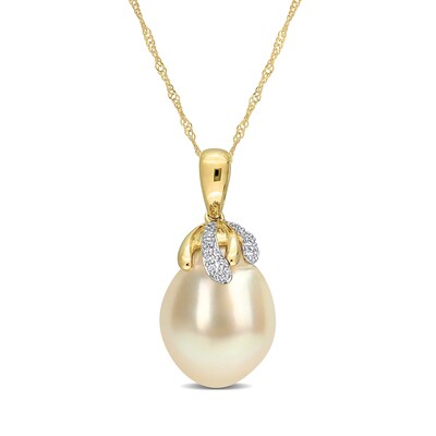 9.0-10.0mm Oval Golden South Sea Cultured Pearl and 0.07 CT. T.W. Diamond Cap Pendant in 14K Gold-17"