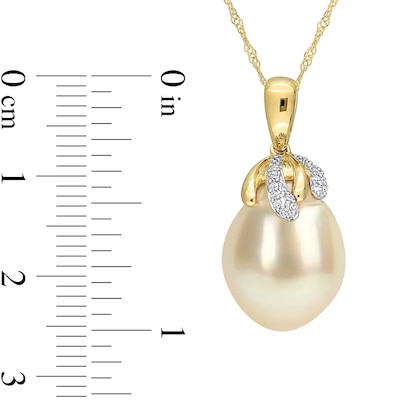 9.0-10.0mm Oval Golden South Sea Cultured Pearl and 0.07 CT. T.W. Diamond Cap Pendant in 14K Gold-17"