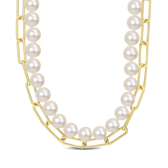 5.0-7.0mm Freshwater Cultured Pearl and Paper Clip Chain Double Strand Necklace in Sterling Silver with 18K Gold Plate