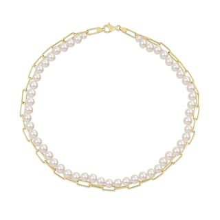 5.0-7.0mm Freshwater Cultured Pearl and Paper Clip Chain Double Strand Necklace in Sterling Silver with 18K Gold Plate