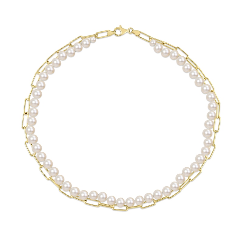 5.0-7.0mm Freshwater Cultured Pearl and Paper Clip Chain Double Strand Necklace in Sterling Silver with 18K Gold Plate|Peoples Jewellers