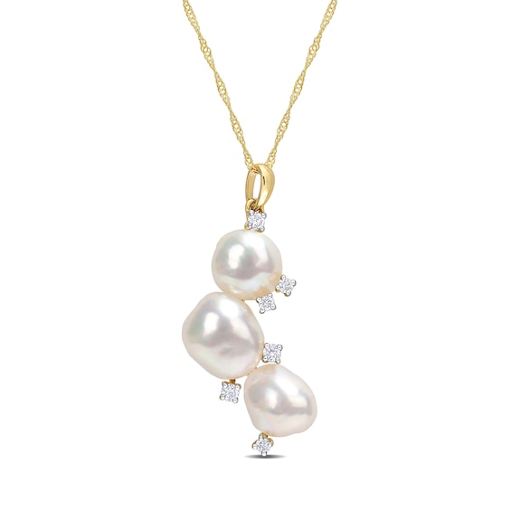 8.0-9.5mm Oval Freshwater Cultured Pearl and 0.17 CT. T.W. Diamond Triple Drop Pendant in 14K Gold-17"