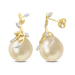 12.0-12.5mm Baroque Golden South Sea Cultured Pearl and 0.05 CT. T.W. Diamond Vine Drop Earrings in 14K Gold