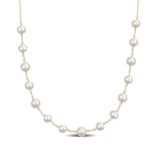 6.5-8.5mm Freshwater Cultured Pearl Bead Station Necklace in Sterling Silver with 18K Gold Plate