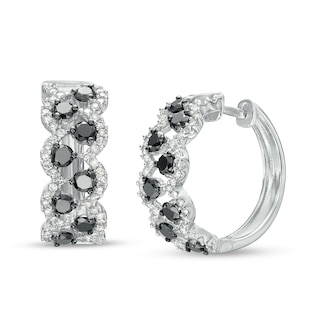 1.75 CT. T.W. Black and White Diamond Double Row Zig-Zag Hoop Earrings in 10K White Gold