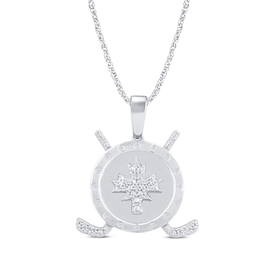 Men's 0.18 CT. T.W. Diamond Maple Leaf Disc with Hockey Sticks Pendant in Sterling Silver - 22"