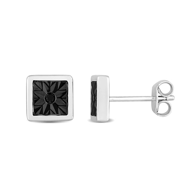 Men's Black Diamond Accent Sunburst Square Stud Earrings in Sterling Silver