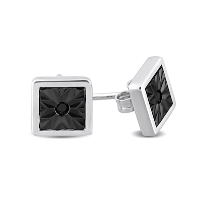 Men's Black Diamond Accent Sunburst Square Stud Earrings in Sterling Silver