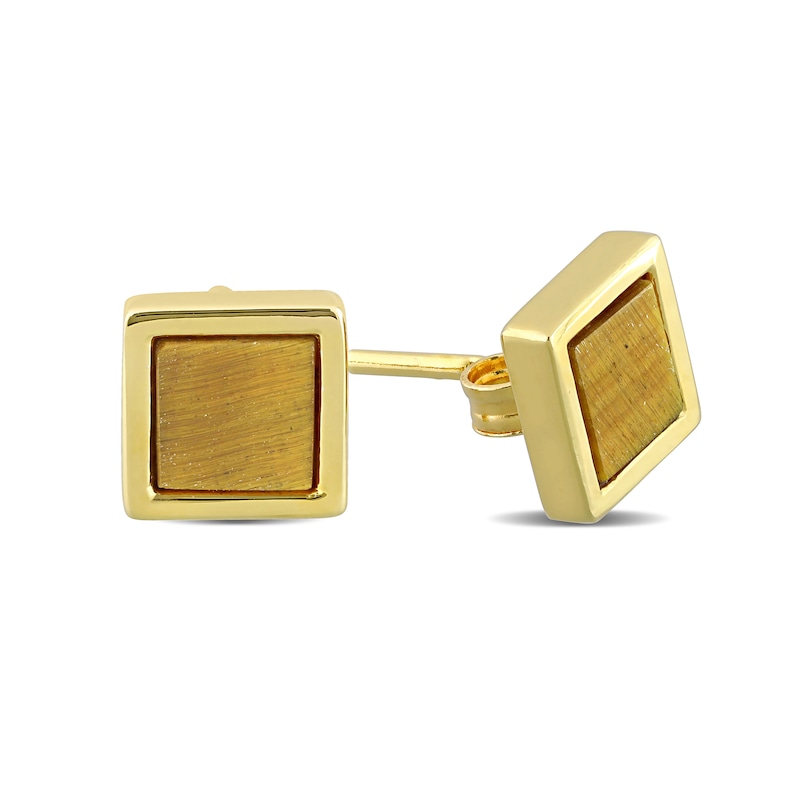 Men's 5.3mm Square Tiger's Eye Stud Earrings in Sterling Silver with Yellow Rhodium|Peoples Jewellers