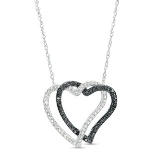 0.24 CT. T.W. Black and White Diamond Double Interlocking Hearts Necklace in 10K White Gold - 17"