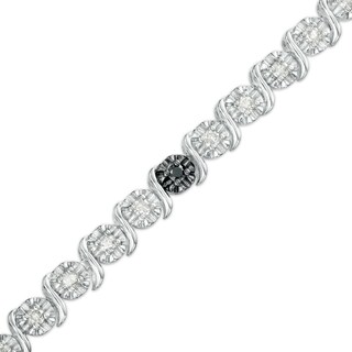 0.95 CT. T.W. Black and White Diamond Five Stone Station "S" Link Tennis Bracelet in Sterling Silver - 7.25"