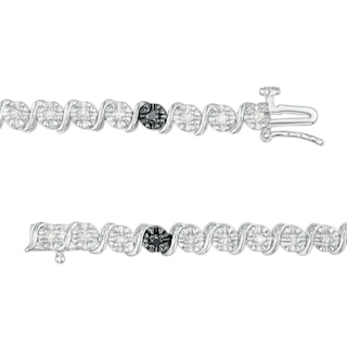 0.95 CT. T.W. Black and White Diamond Five Stone Station "S" Link Tennis Bracelet in Sterling Silver - 7.25"