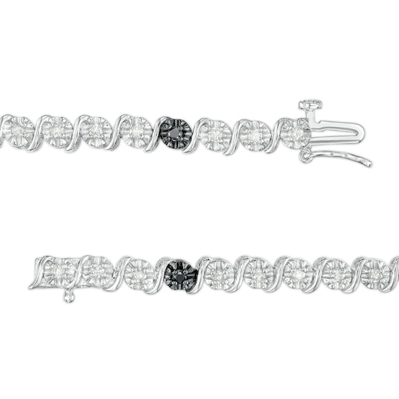 0.95 CT. T.W. Black and White Diamond Five Stone Station "S" Link Tennis Bracelet in Sterling Silver - 7.25"