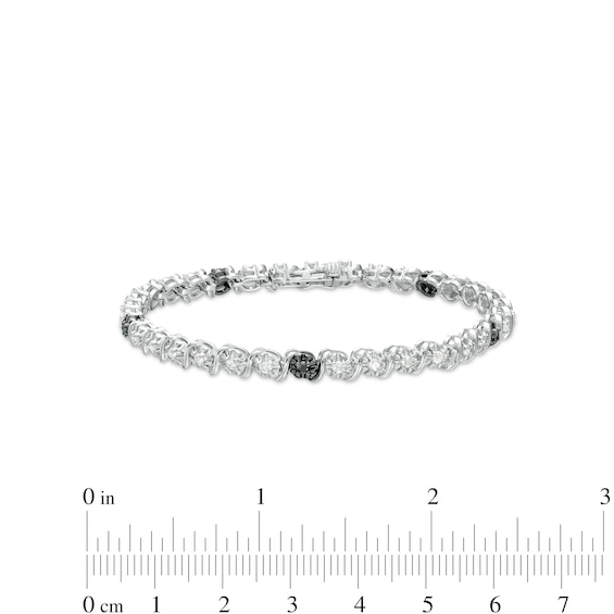 0.95 CT. T.W. Black and White Diamond Five Stone Station "S" Link Tennis Bracelet in Sterling Silver - 7.25"