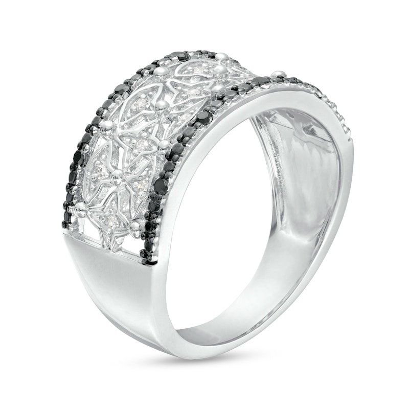 0.145 CT. T.W. Black and White Diamond Beaded Four-Point Star Pattern Band in Sterling Silver and Black Rhodium