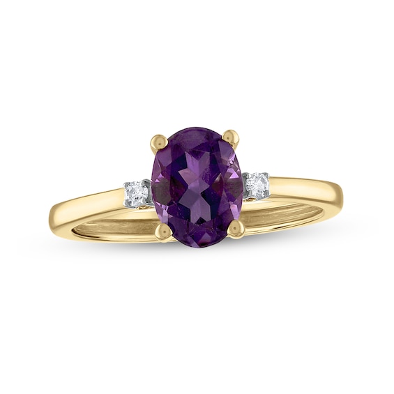 Oval Faceted Amethyst and 0.05 CT. T.W. Diamond Side Accent Ring in 14K Gold