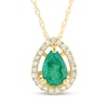 Thumbnail Image 1 of Pear-Shaped Faceted Emerald and 0.07 CT. T.W. Diamond Open Frame Teardrop Pendant in 14K Gold