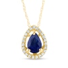 Thumbnail Image 0 of Pear-Shaped Faceted Blue Sapphire and 0.07 CT. T.W. Diamond Open Frame Teardrop Pendant in 14K Gold