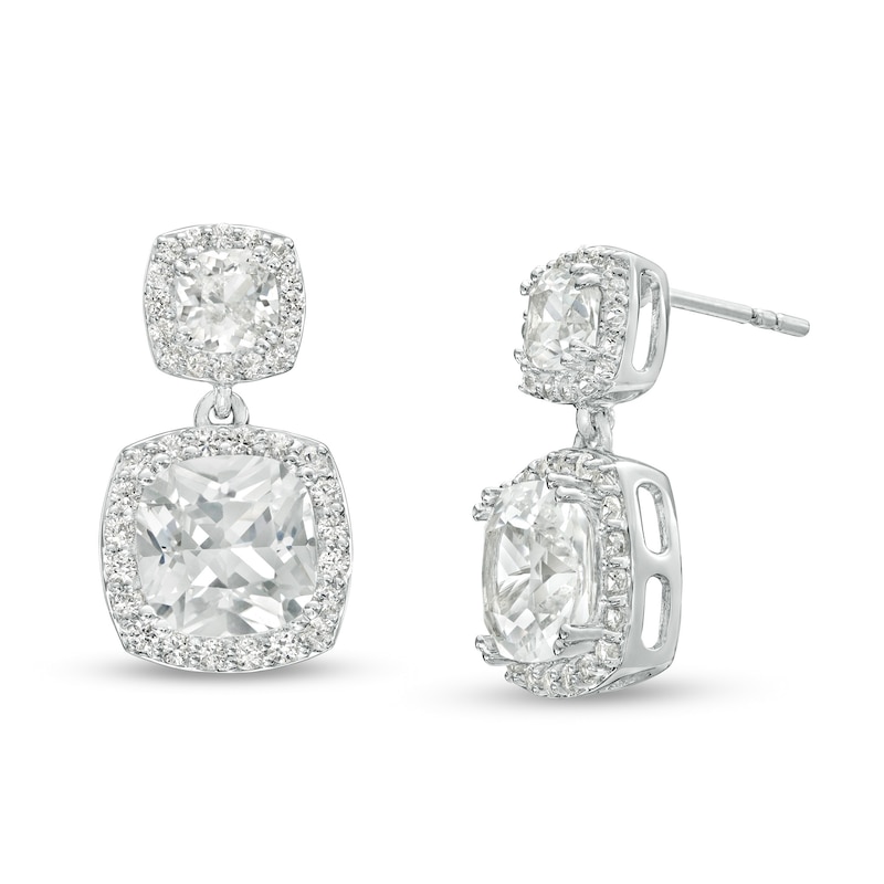 Cushion-Cut White Lab-Created Sapphire Frame Double Drop Earrings in Sterling Silver
