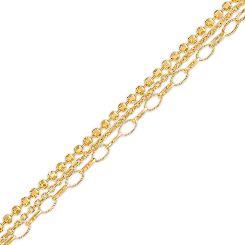 Italian Gold Cable, Bead and Link Mix Chain Triple Strand Bracelet in 18K Gold – 7.5"