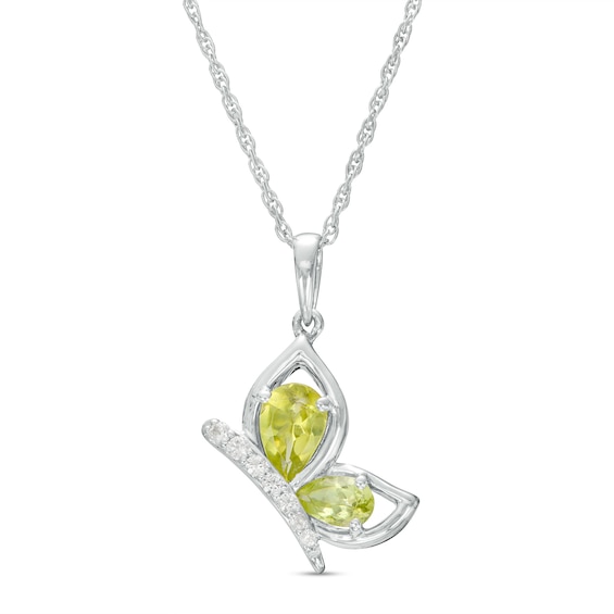 Pear-Shaped Peridot and White Lab-Created Sapphire Butterfly Outline Silhouette Pendant in Sterling Silver