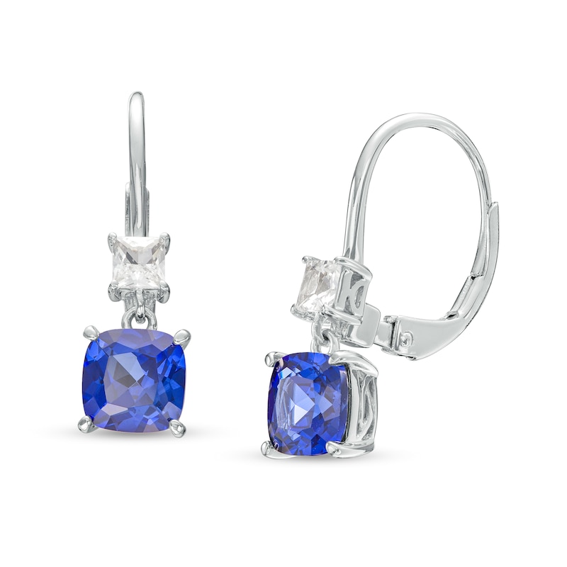 6.0mm Cushion-Cut Blue and White Lab-Created Sapphire Double Drop Earrings in 10K White Gold|Peoples Jewellers