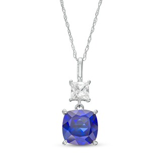 8.0mm Cushion-Cut Blue and White Lab-Created Sapphire Double Drop Pendant in 10K White Gold