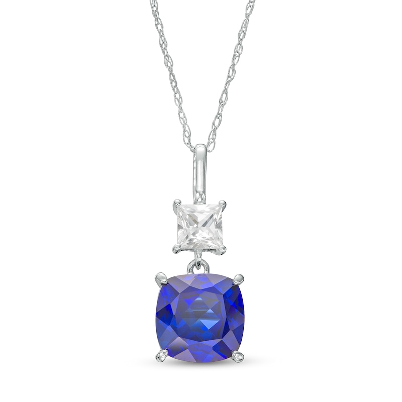 8.0mm Cushion-Cut Blue and White Lab-Created Sapphire Double Drop Pendant in 10K White Gold|Peoples Jewellers