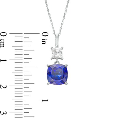 8.0mm Cushion-Cut Blue and White Lab-Created Sapphire Double Drop Pendant in 10K White Gold