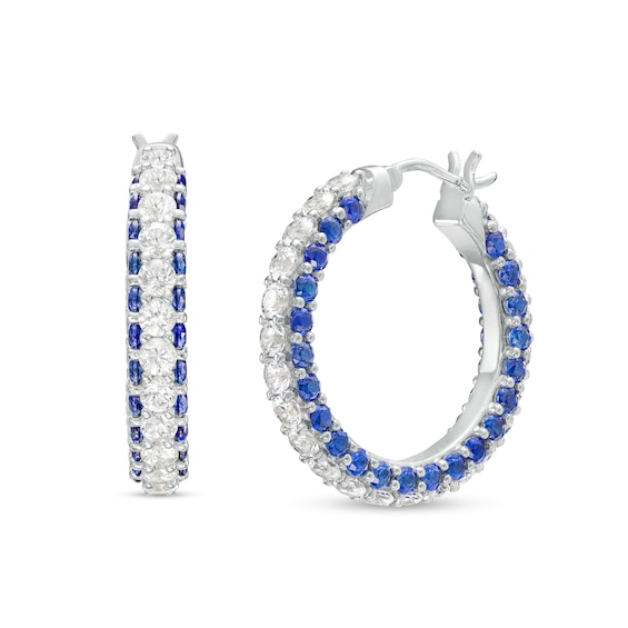 Blue and White Lab-Created Sapphire Triple Row Hoop Earrings in Sterling Silver