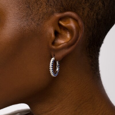 Blue and White Lab-Created Sapphire Triple Row Hoop Earrings in Sterling Silver