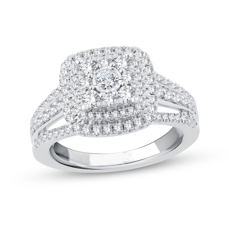 0.95 CT. T.W. Cushion-Shaped Multi-Diamond Double Frame Triple Row Engagement Ring in 14K White Gold|Peoples Jewellers