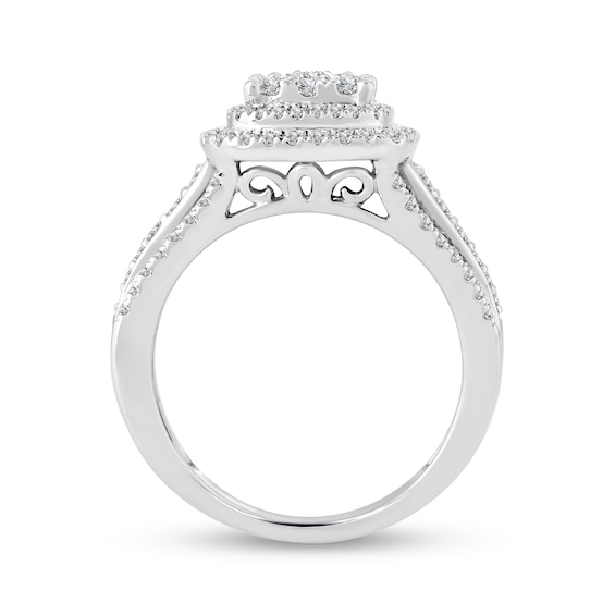 0.95 CT. T.W. Cushion-Shaped Multi-Diamond Double Frame Triple Row Engagement Ring in 14K White Gold