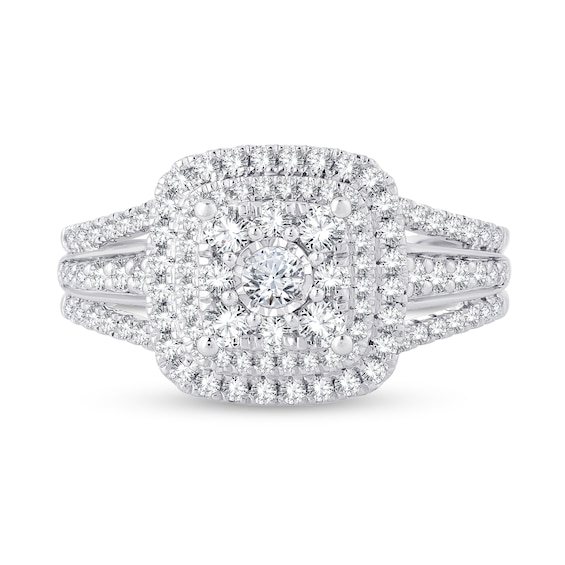 0.95 CT. T.W. Cushion-Shaped Multi-Diamond Double Frame Triple Row Engagement Ring in 14K White Gold